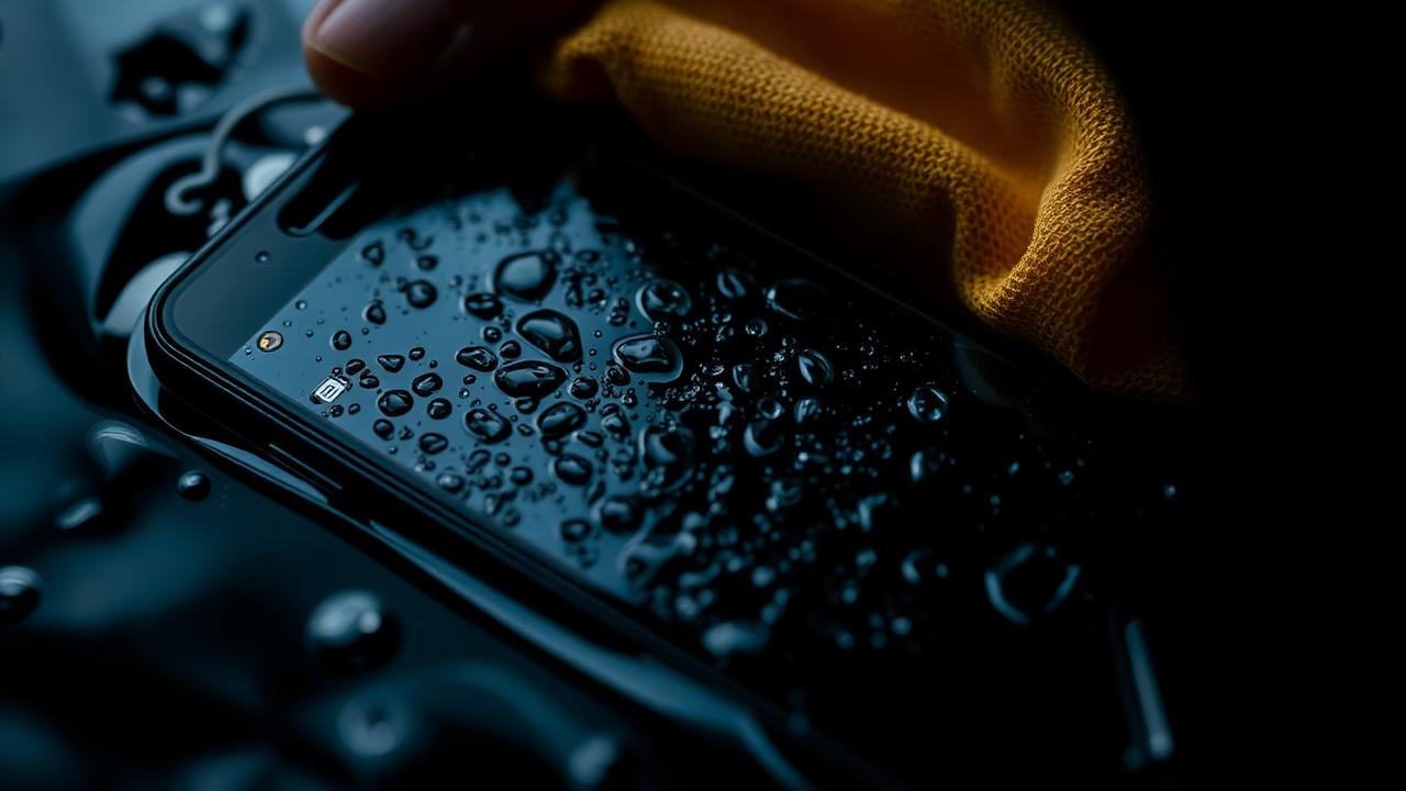 iPhone s kvapkami vody na displeji, sušený utierkou