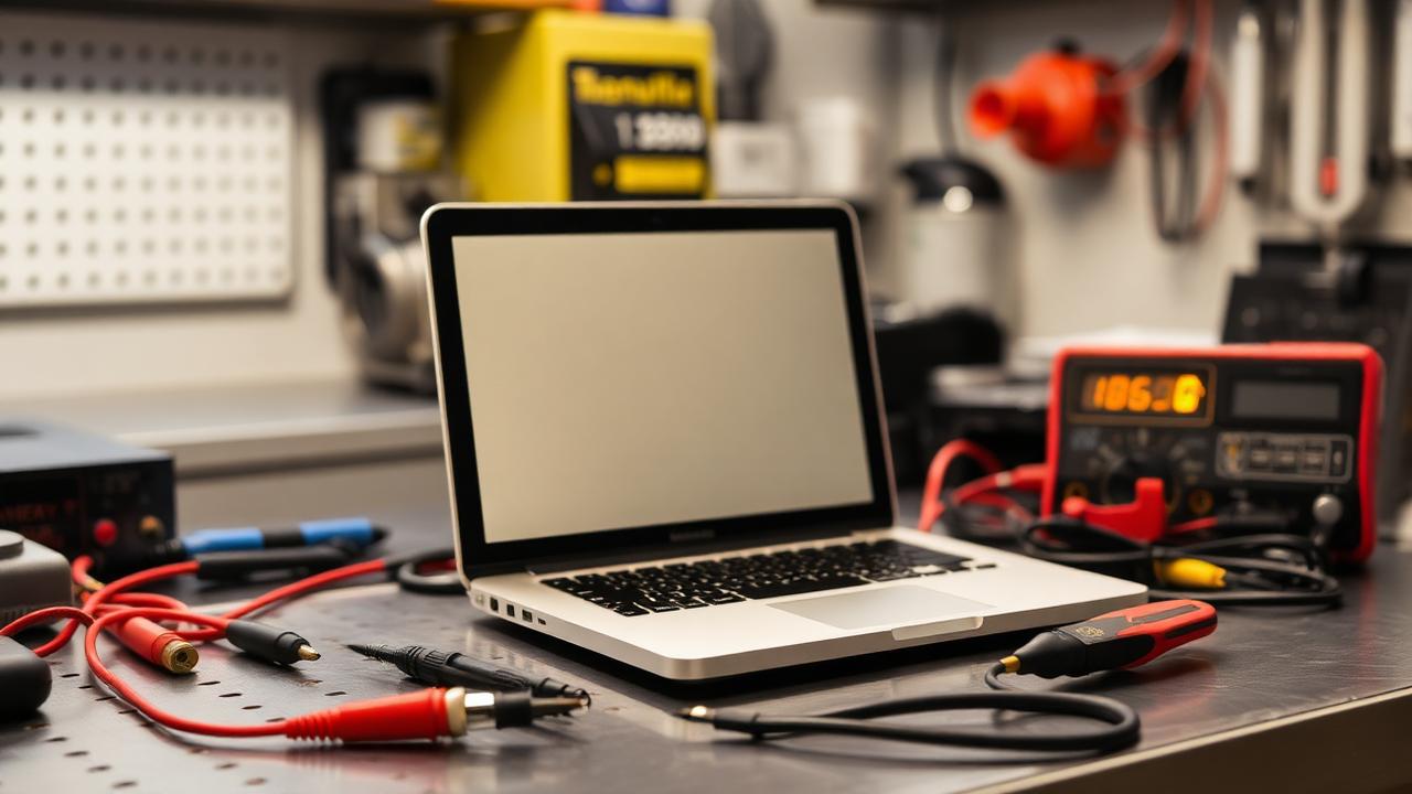 Otvorený MacBook s diagnostickými nástrojmi a multimetrom