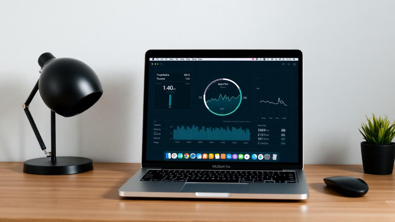 MacBook na pracovnom stole s otvoreným Activity Monitorom