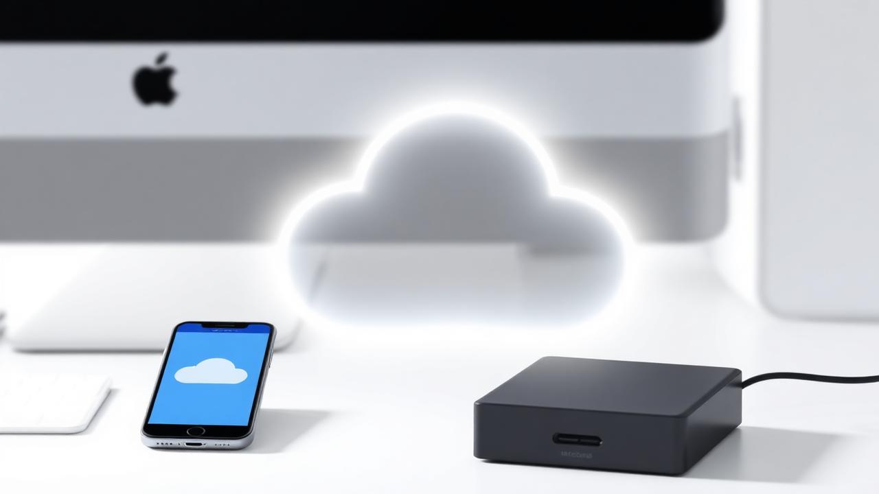 iCloud zálohovanie ilustrované cez iPhone, MacBook a externé SSD